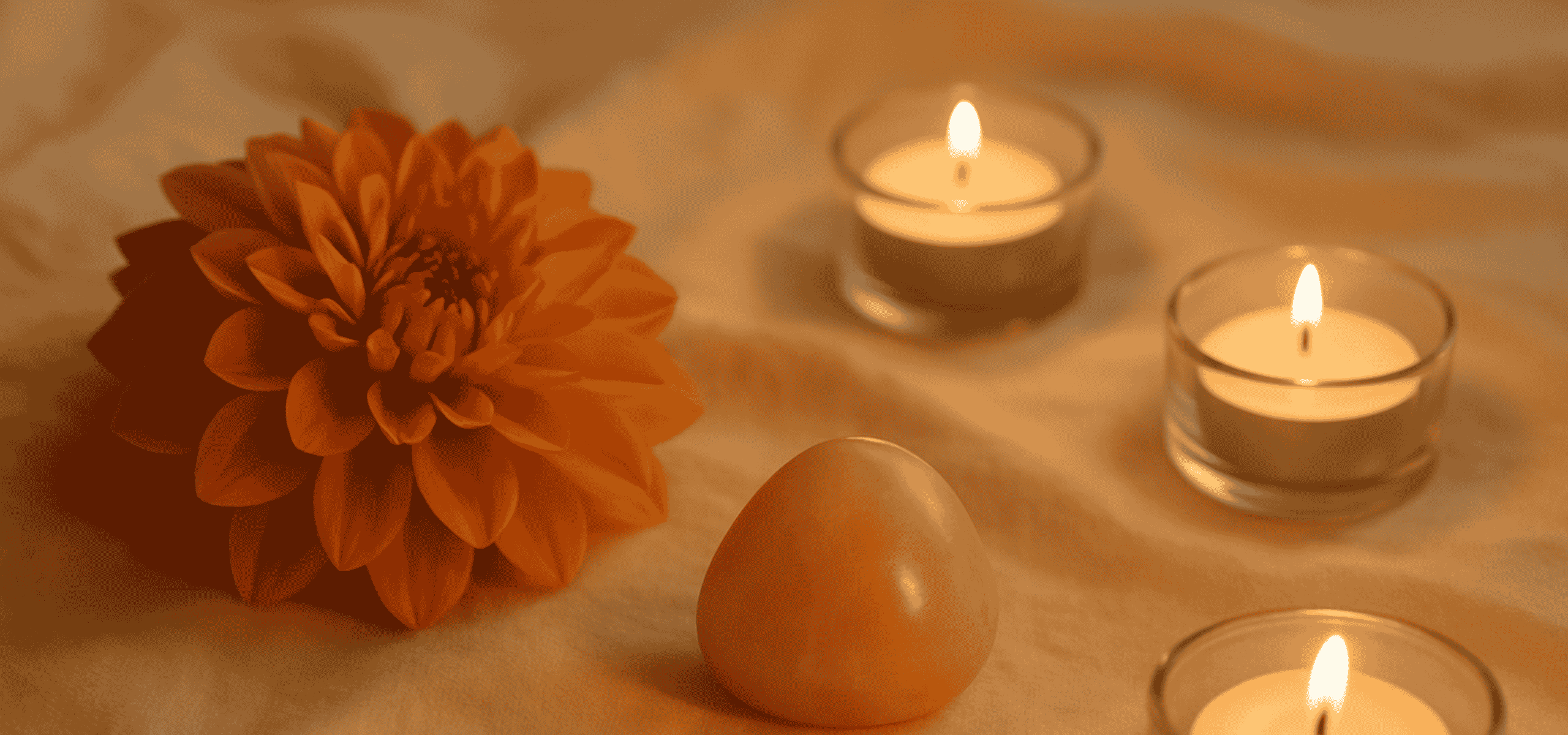 Warme Atmosphäre mit orangefarbener Blüte, spirituellem Stein und Kerzenlicht. Symbolisiert achtsame Berührung und Tantra Massage lernen.