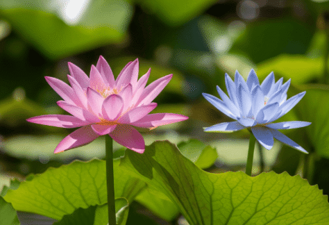 Zwei echte Lotusblumen in Rosa und Blau. Symbolisieren Reinheit und das Tantra Massage lernen bei Alles ist Eins in Zürich, Schweiz.