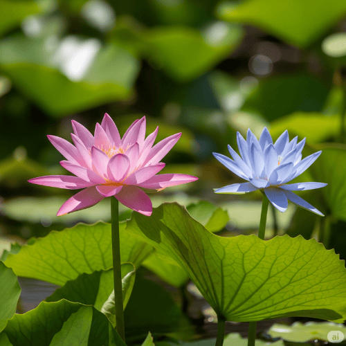Zwei echte Lotusblumen in Rosa und Blau. Symbolisieren Reinheit und das Tantra Massage lernen bei Alles ist Eins in Zürich, Schweiz.