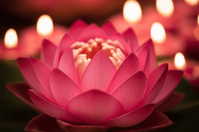 Eine Nahaufnahme einer leuchtend pinken Lotusblume, die aus weicher, warmer Beleuchtung hervorsticht, symbolisierend Transformation, Wachstum und die innere Schönheit, die in der Tantra Massage kultiviert wird.