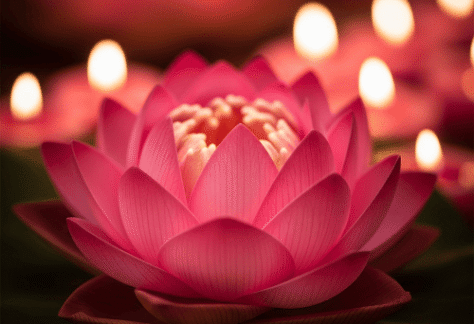 Eine Nahaufnahme einer leuchtend pinken Lotusblume, die aus weicher, warmer Beleuchtung hervorsticht, symbolisierend Transformation, Wachstum und die innere Schönheit, die in der Tantra Massage kultiviert wird.