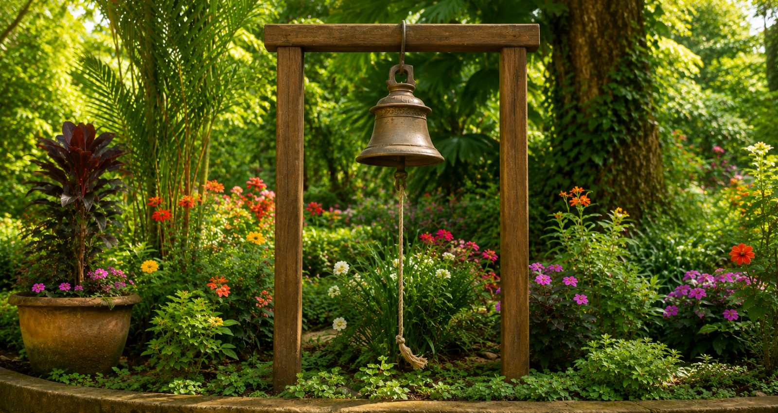 Traditionelle Meditationsglocke aus Bronze in einem blühenden Garten, umgeben von üppiger Natur.