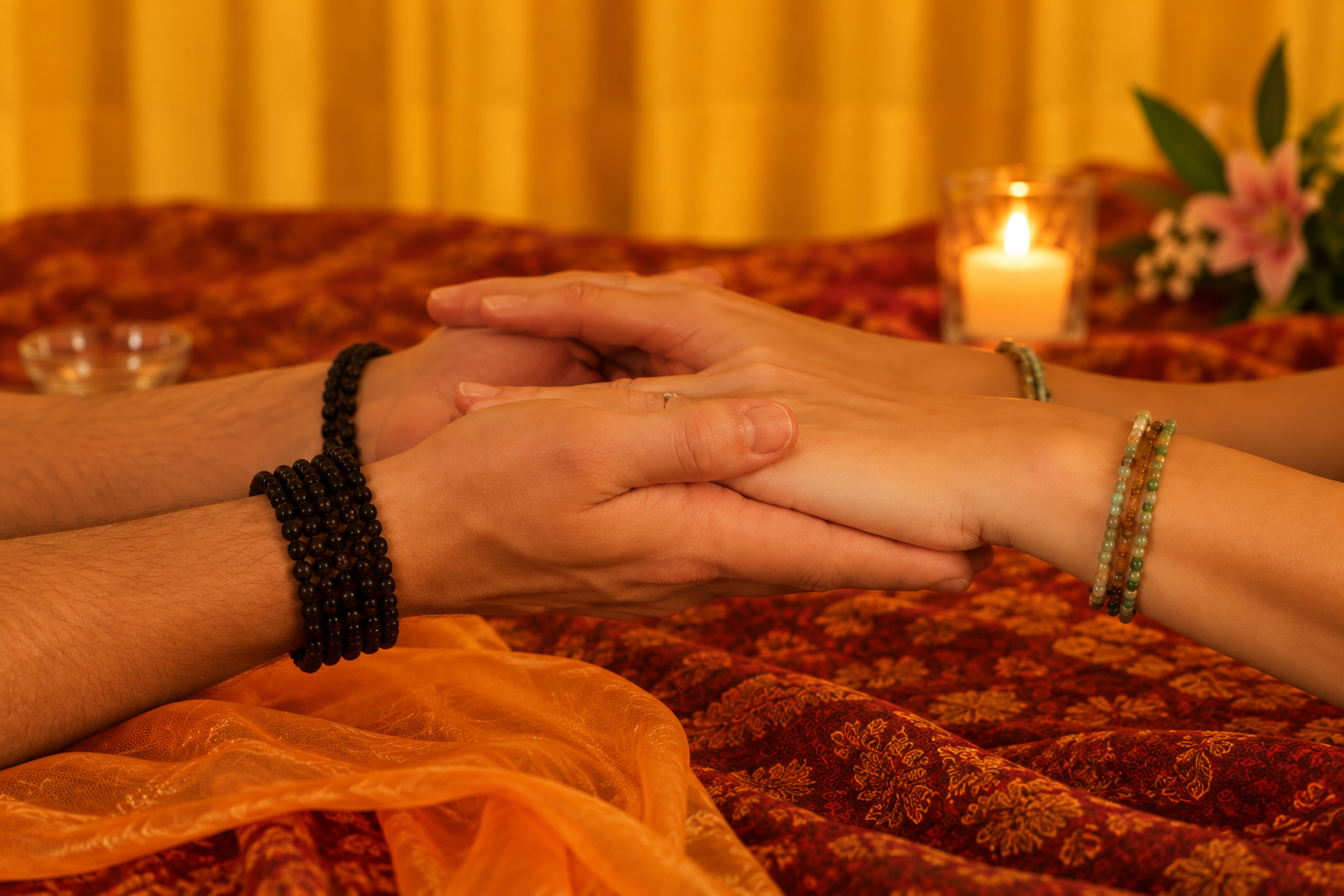 Zwei Menschen halten sich achtsam an den Händen in einem warmen, kerzenbeleuchteten Raum – ein Ausdruck von Vertrauen und Nähe im Tantra.